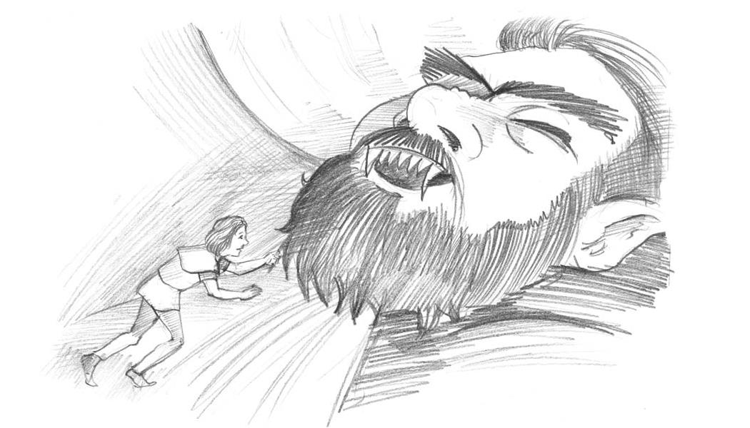 Illustration : Malik tout petit s'approche du visage géant de l'ogre Nestor endormi, qui montre ses dents